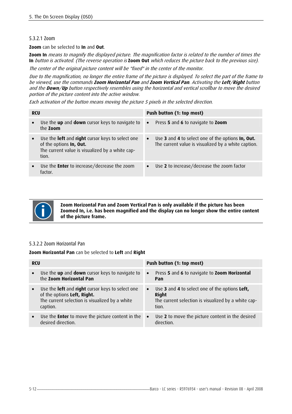 Zoom, Zoom horizontal pan | Barco R5976934 User Manual | Page 54 / 144