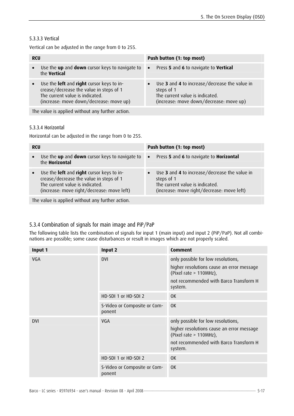 Vertical, Horizontal, Combination of signals for main image and pip/pap | Barco R5976934 User Manual | Page 59 / 144