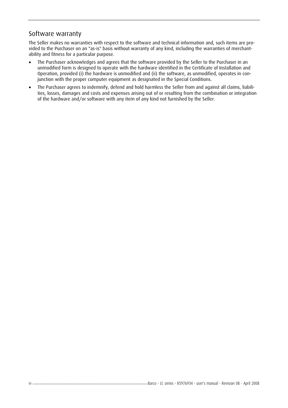 Software warranty | Barco R5976934 User Manual | Page 6 / 144