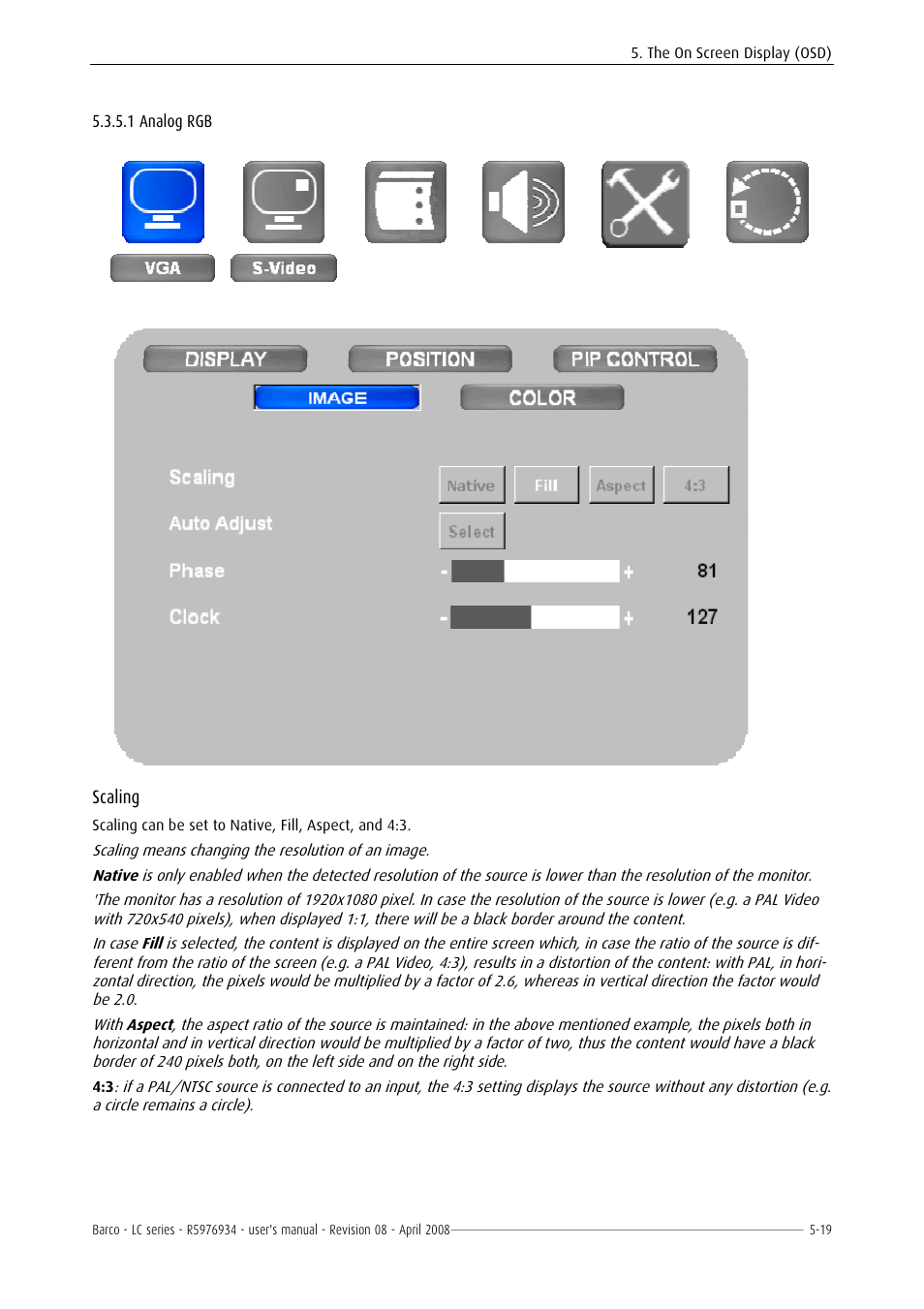 Analog rgb, Scaling | Barco R5976934 User Manual | Page 61 / 144