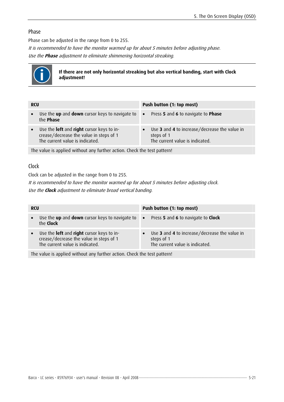 Phase, Clock | Barco R5976934 User Manual | Page 63 / 144