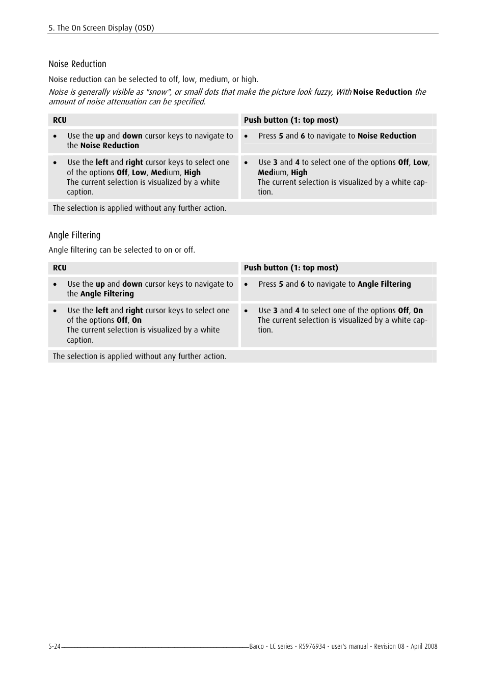 Noise reduction, Angle filtering | Barco R5976934 User Manual | Page 66 / 144