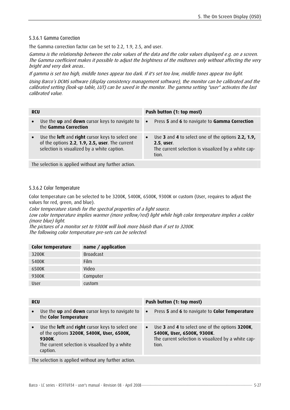 Gamma correction, Color temperature | Barco R5976934 User Manual | Page 69 / 144