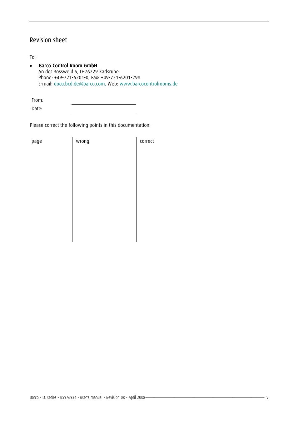 Revision sheet | Barco R5976934 User Manual | Page 7 / 144