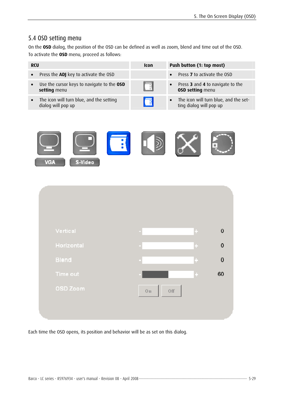 Osd setting menu, 4 osd setting menu -29, 4 osd setting menu | Barco R5976934 User Manual | Page 71 / 144