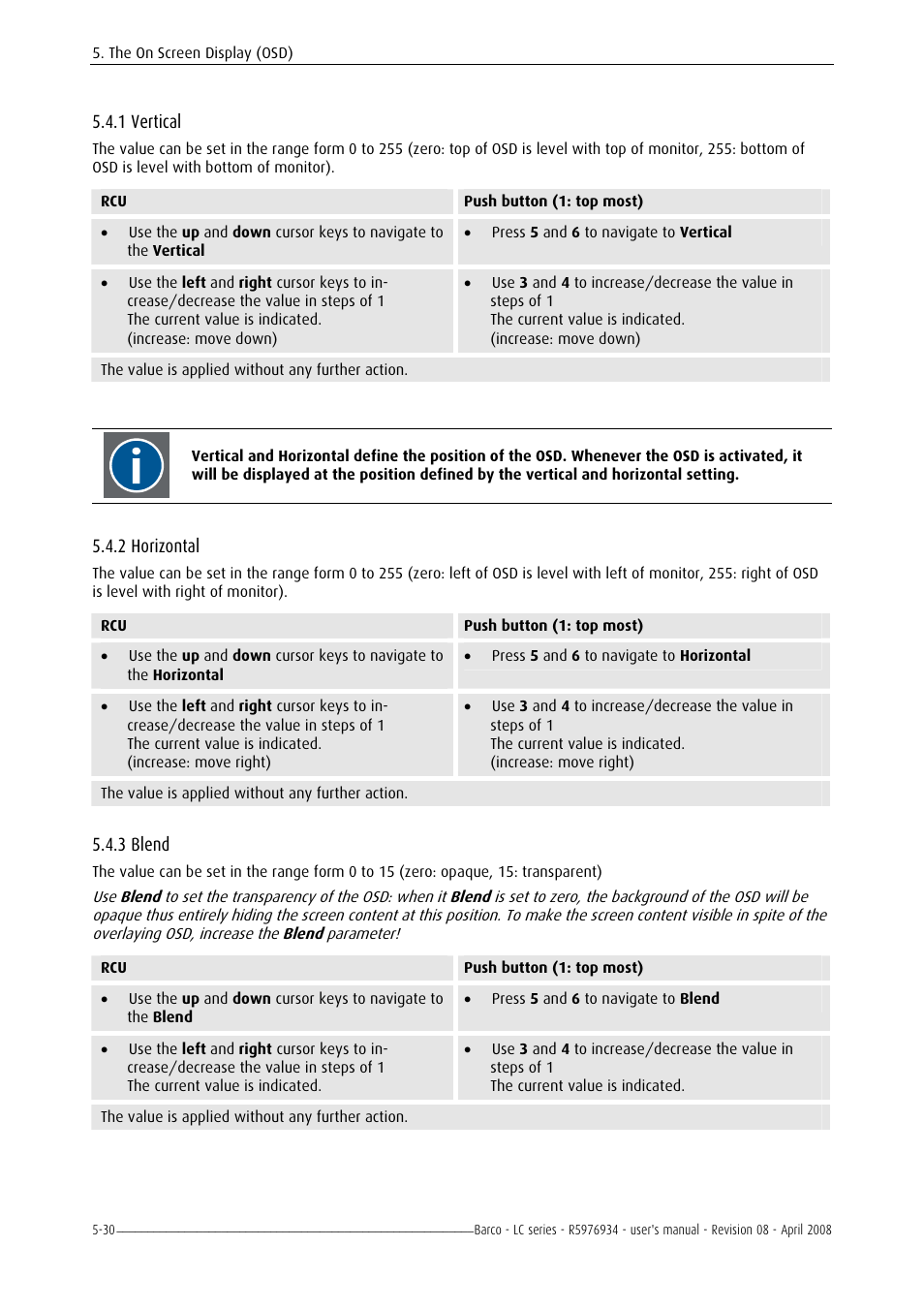 Vertical, Horizontal, Blend | 1 vertical -30, 2 horizontal -30, 3 blend -30, 1 vertical, 2 horizontal, 3 blend | Barco R5976934 User Manual | Page 72 / 144