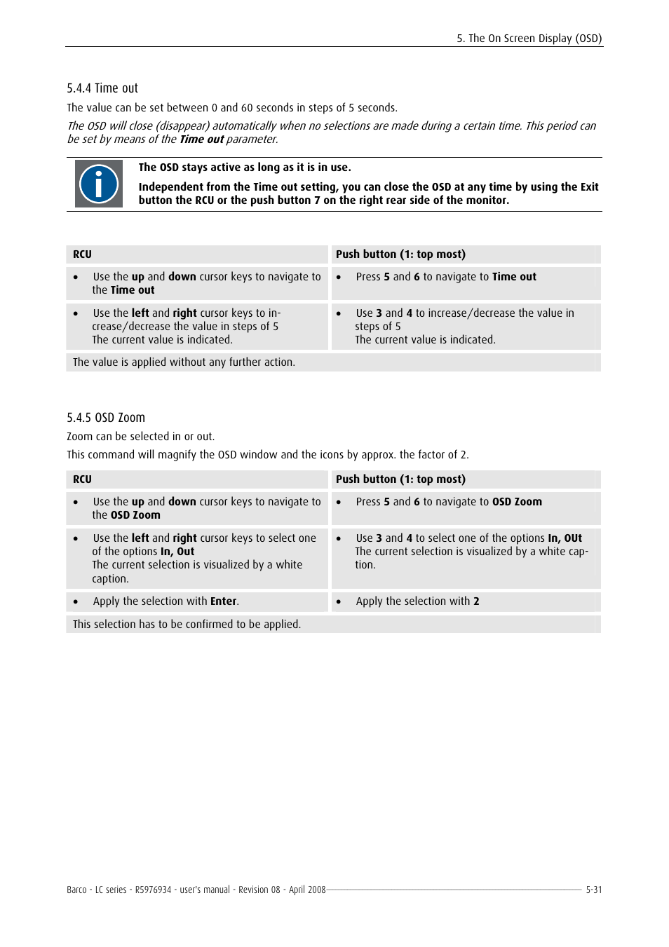 Time out, Osd zoom, 4 time out -31 | 5 osd zoom -31, 4 time out, 5 osd zoom | Barco R5976934 User Manual | Page 73 / 144