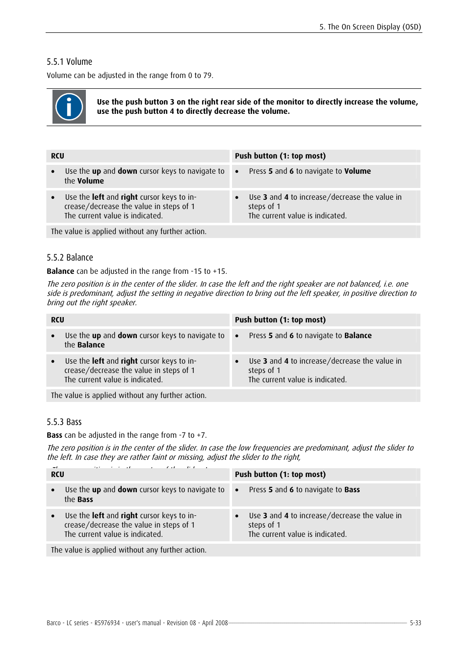 Volume, Balance, Bass | 1 volume -33, 2 balance -33, 3 bass, 1 volume, 2 balance | Barco R5976934 User Manual | Page 75 / 144