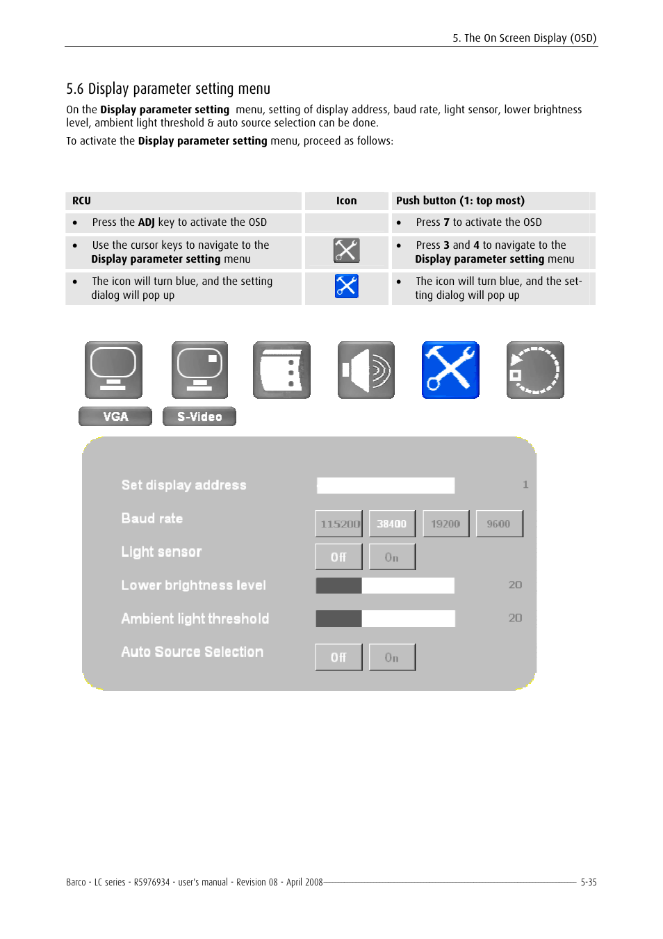 Display parameter setting menu, 6 display parameter setting menu -35, 6 display parameter setting menu | Barco R5976934 User Manual | Page 77 / 144