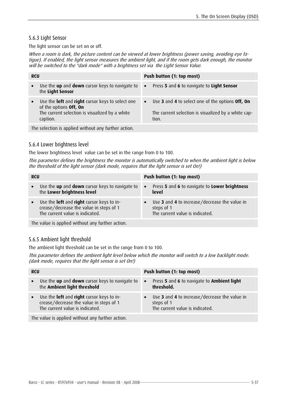 Light sensor, Lower brightness level, Ambient light threshold | 7 reset menu -39, 3 light sensor, 4 lower brightness level, 5 ambient light threshold | Barco R5976934 User Manual | Page 79 / 144