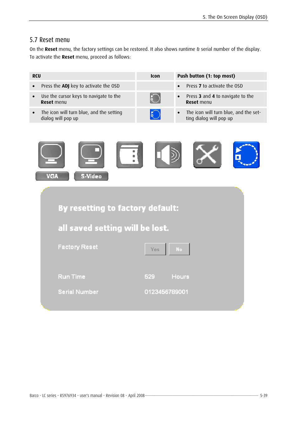 Reset menu, 1 set display address -36, 7 reset menu | Barco R5976934 User Manual | Page 81 / 144