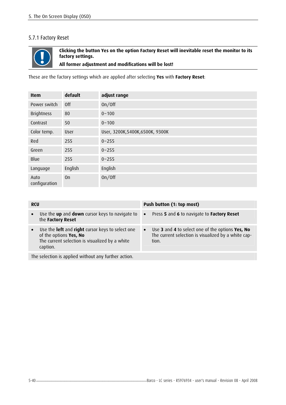 Factory reset, 1 factory reset | Barco R5976934 User Manual | Page 82 / 144