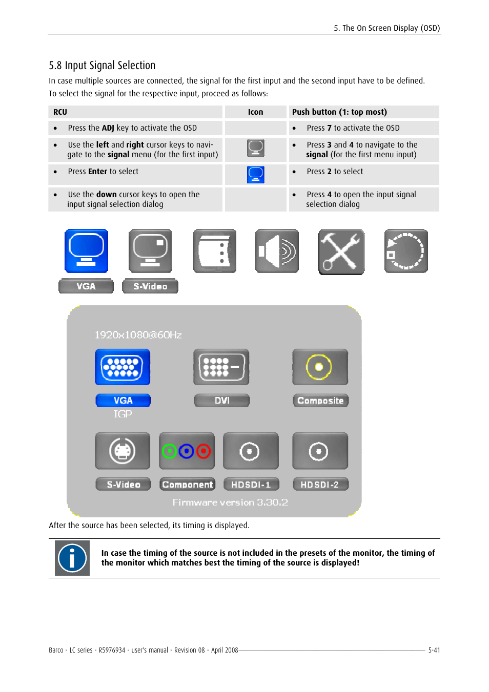 Input signal selection, 1 factory reset -40, 8 input signal selection | Barco R5976934 User Manual | Page 83 / 144