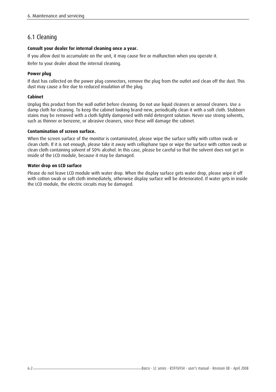 Cleaning, Intenance and servicing -1, 1 cleaning | Barco R5976934 User Manual | Page 88 / 144