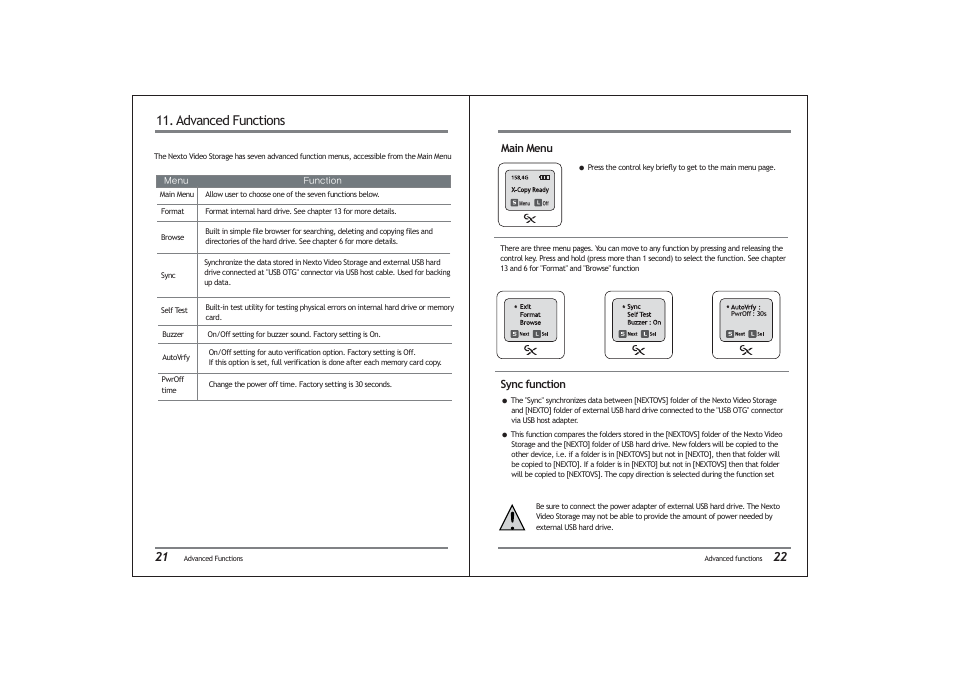Advanced functions, Sync function, Main menu | NextoDI ND2725 User Manual | Page 13 / 18