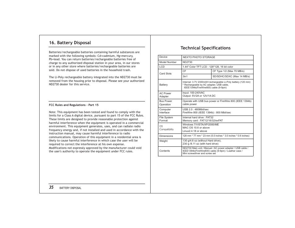 Battery disposal technical specifications | NextoDI ND2730 User Manual | Page 21 / 21