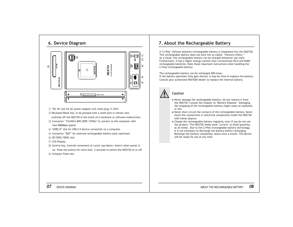 Device diagram, About the rechargeable battery | NextoDI ND2730 User Manual | Page 7 / 21