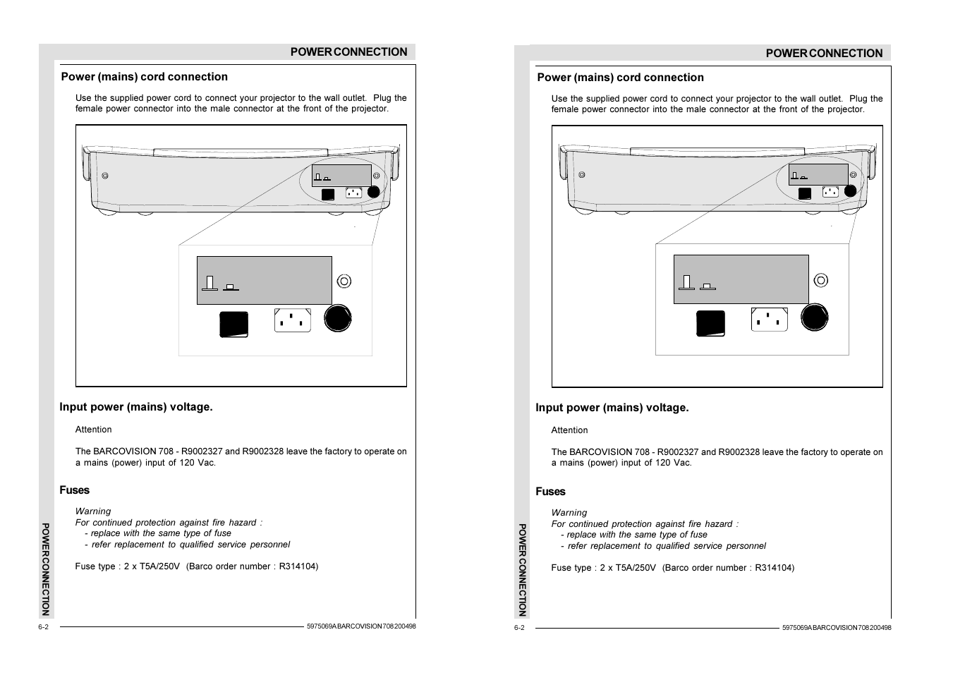 Power connection, Power (mains) cord connection, Input power (mains) voltage | Fuses | Barco R9002327 User Manual | Page 32 / 55