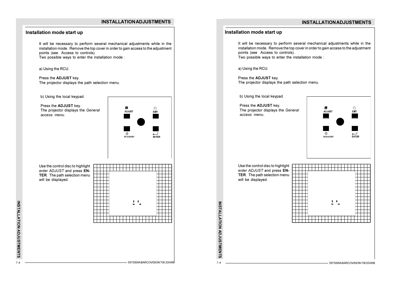 Installation adjustments, Installation mode start up | Barco R9002327 User Manual | Page 37 / 55