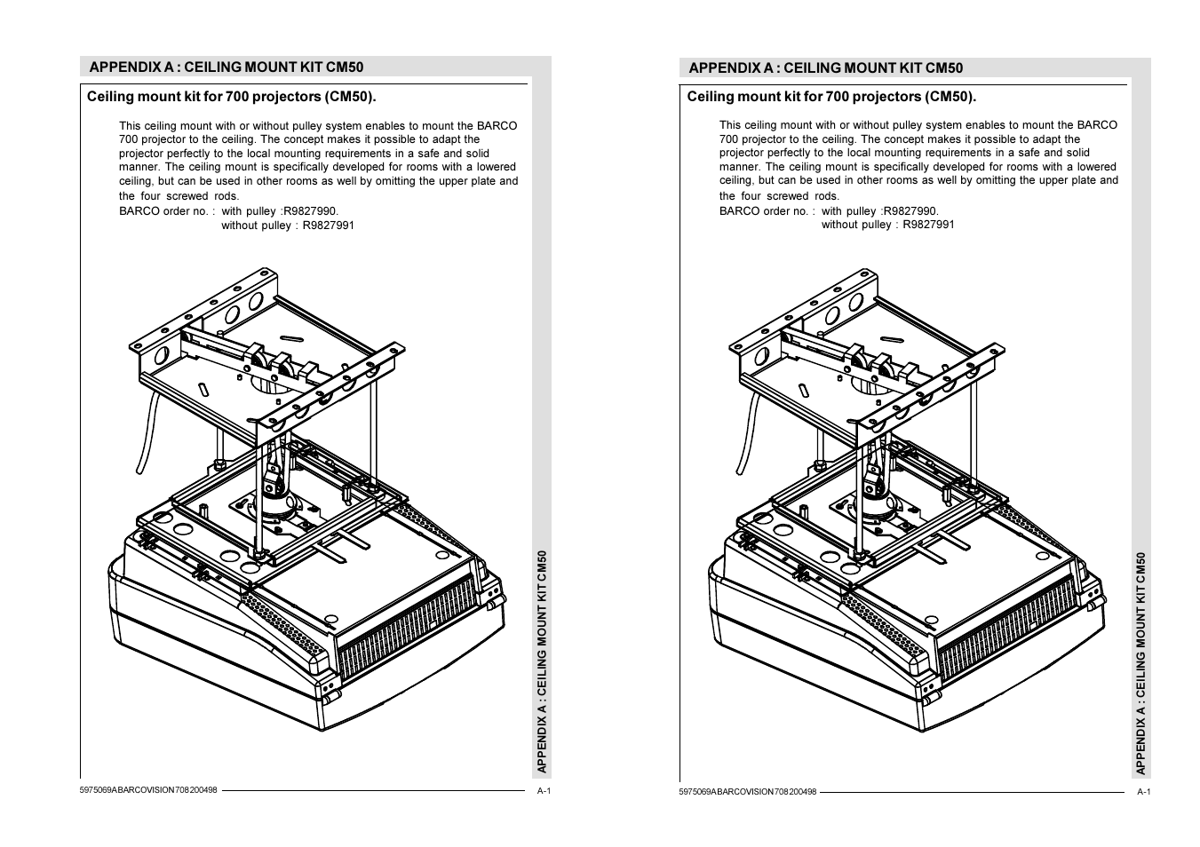 Appendix a: ceiling mount kit | Barco R9002327 User Manual | Page 52 / 55