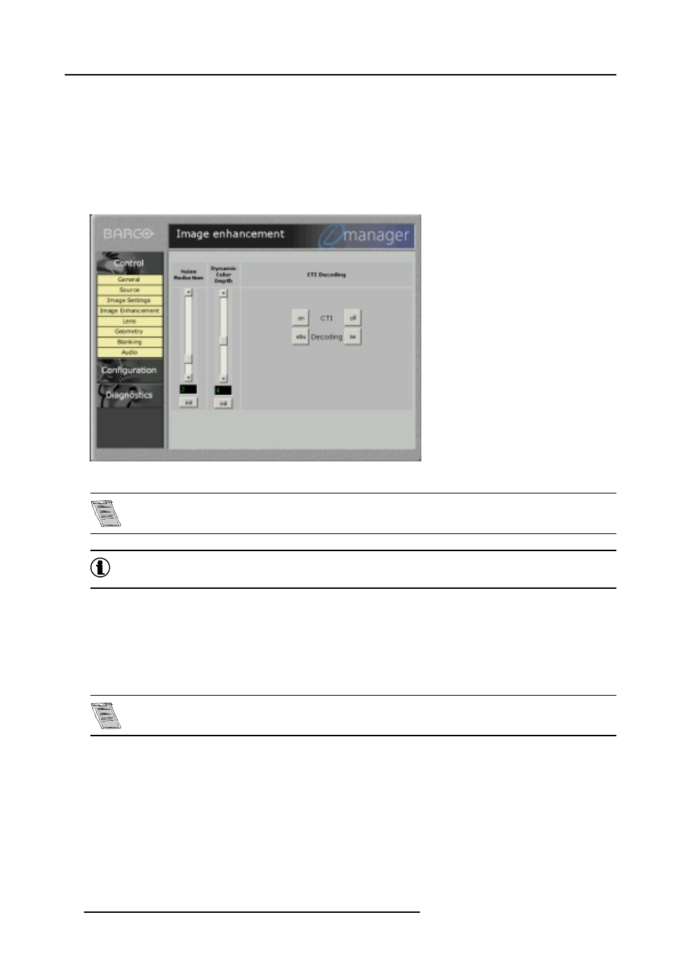 B.4.5 image enhancement, B.4.6 lens adjustment, 98 b.4.6 lens adjustment | Image enhancement, Lens adjustment | Barco R9001960 User Manual | Page 102 / 127