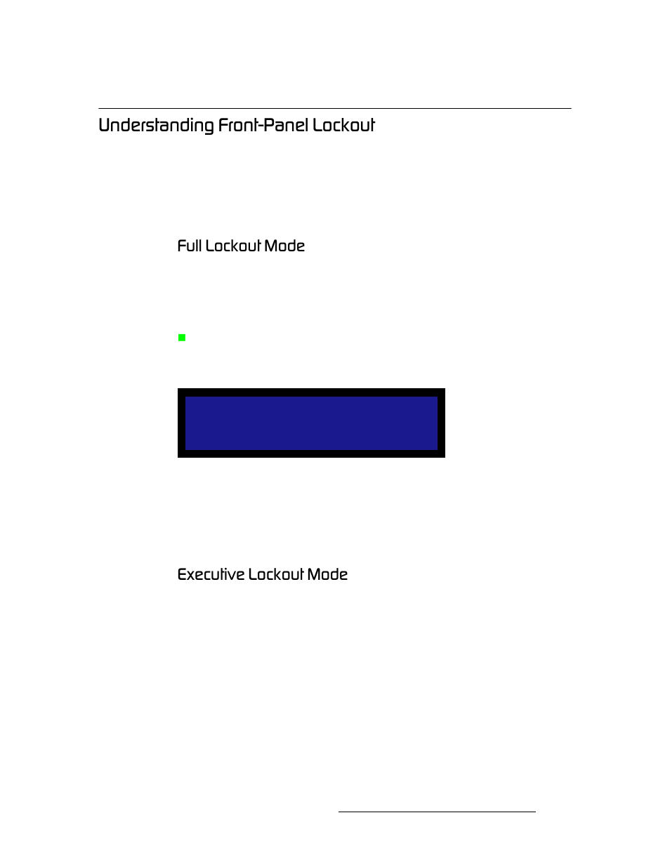 Understanding front-panel lockout, Full lockout mode, Executive lockout mode | Full lockout mode executive lockout mode, Råçéêëí~езбец=cêçåíjm~åéä=içåâçìí, Cìää=içåâçìí=jççé, Bñéåìíáîé=içåâçìí=jççé | Barco DCS-200 User Manual | Page 101 / 170