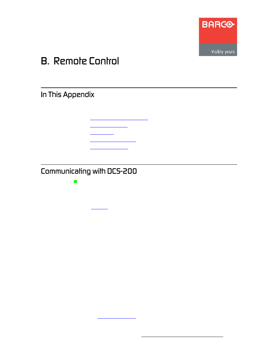 B. remote control, In this appendix, Communicating with dcs-200 | Йййезбс, In this appendix communicating with dcs-200, Remote control, Appendix b, To the, In appendix b, refer to, Section | Barco DCS-200 User Manual | Page 127 / 170