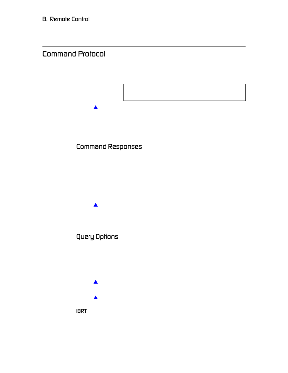 Command protocol, Command responses, Query options | Ibrt, Command responses query options, Згг~ез=mêçíçåçä, Згг~ез=oéëéçåëéë, Nìéêó=léíáçåë, K==oéãçíé=`зенкзд | Barco DCS-200 User Manual | Page 128 / 170