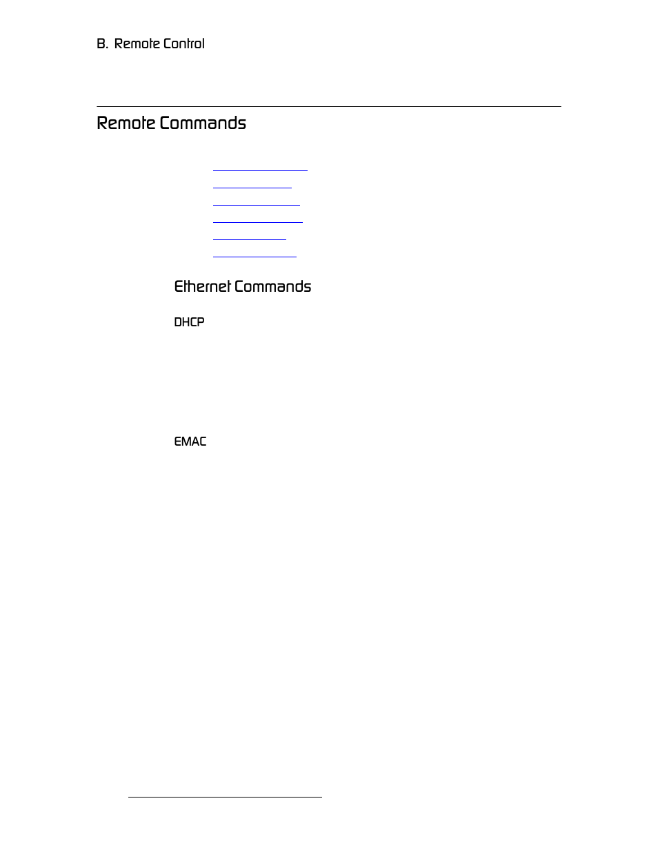 Remote commands, Ethernet commands, Dhcp | Emac, Dhcp emac, In appendix b, To the, Section on, Oéãçíé=`згг~езл, Bíüéêåéí=`згг~езл | Barco DCS-200 User Manual | Page 134 / 170