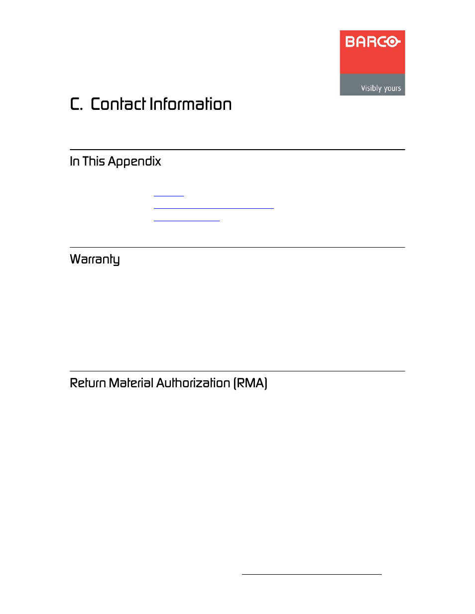 C. contact information, In this appendix, Warranty | Return material authorization (rma), Йййезбс, Contact information, Tion or operation of the dcs, Appendix c, Contact, Information | Barco DCS-200 User Manual | Page 159 / 170