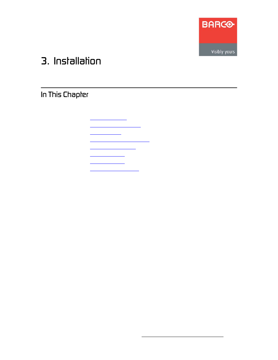 Installation, In this chapter, Ь~йнйк=p | Chapter 3, In chapter 3, re, Pk==fåëí~дд~нбзе, Fе=qüáë=`ь~йнйк | Barco DCS-200 User Manual | Page 27 / 170