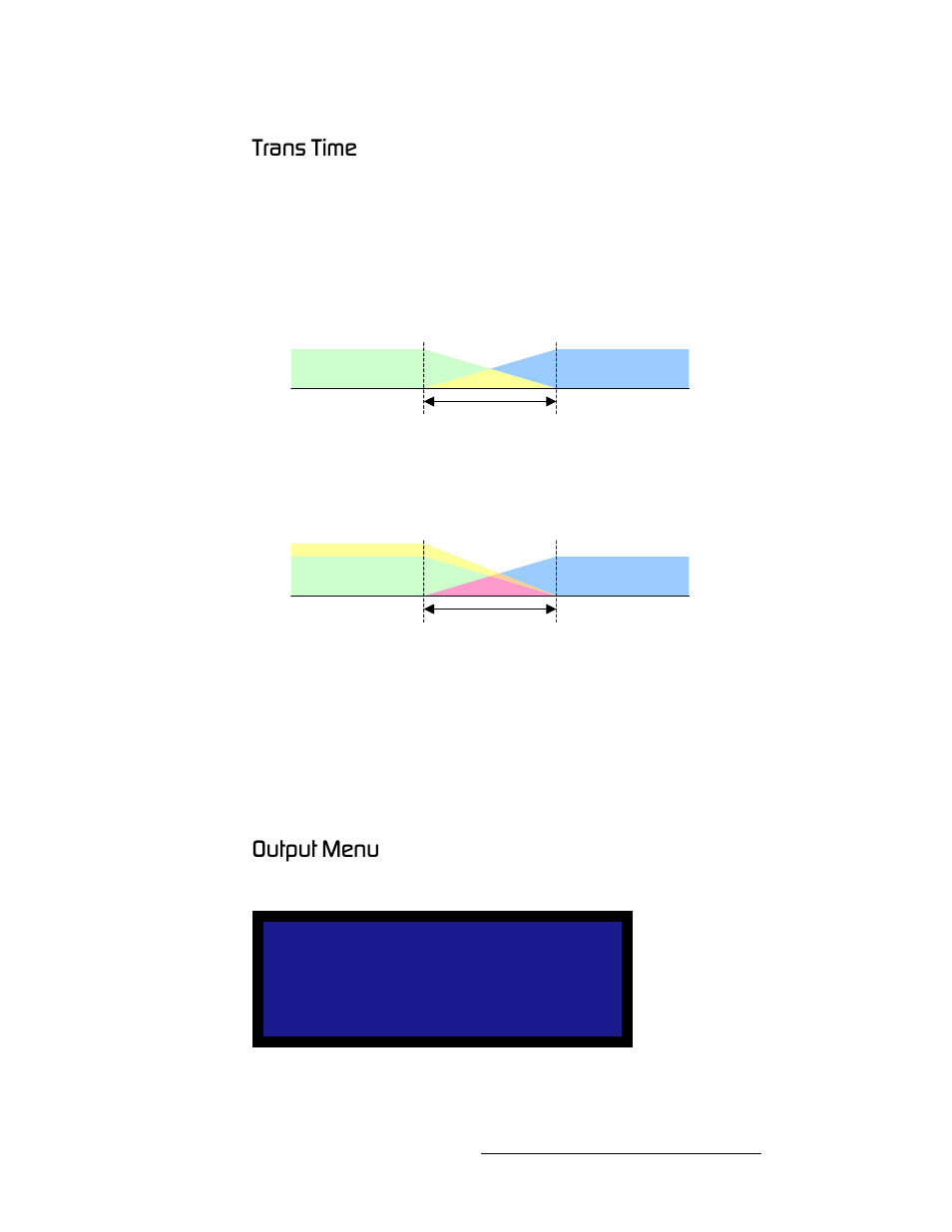 Trans time, Output menu, Trans time output menu | Qк~ел=qáãé, Lìíéìí=jéåì, Operation | Barco DCS-200 User Manual | Page 47 / 170