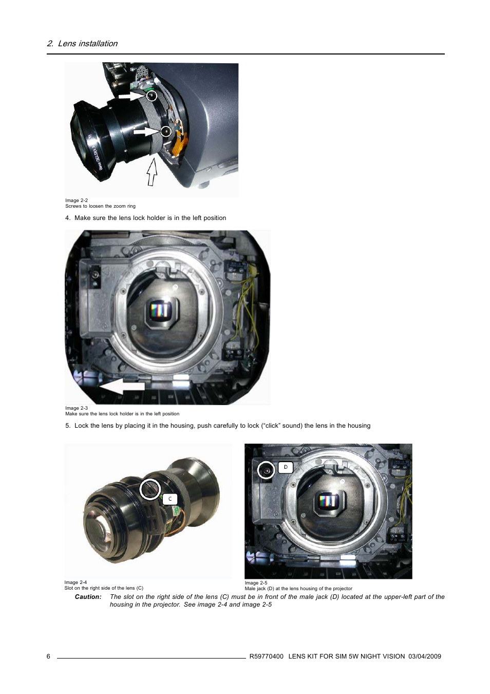 Lens installation | Barco R9849853 User Manual | Page 10 / 23