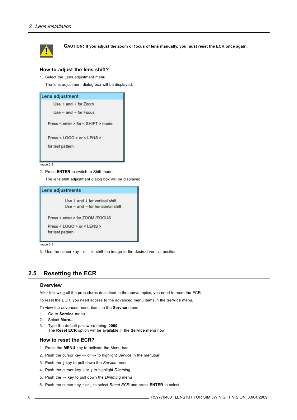 5 resetting the ecr, Resetting the ecr | Barco R9849853 User Manual | Page 12 / 23