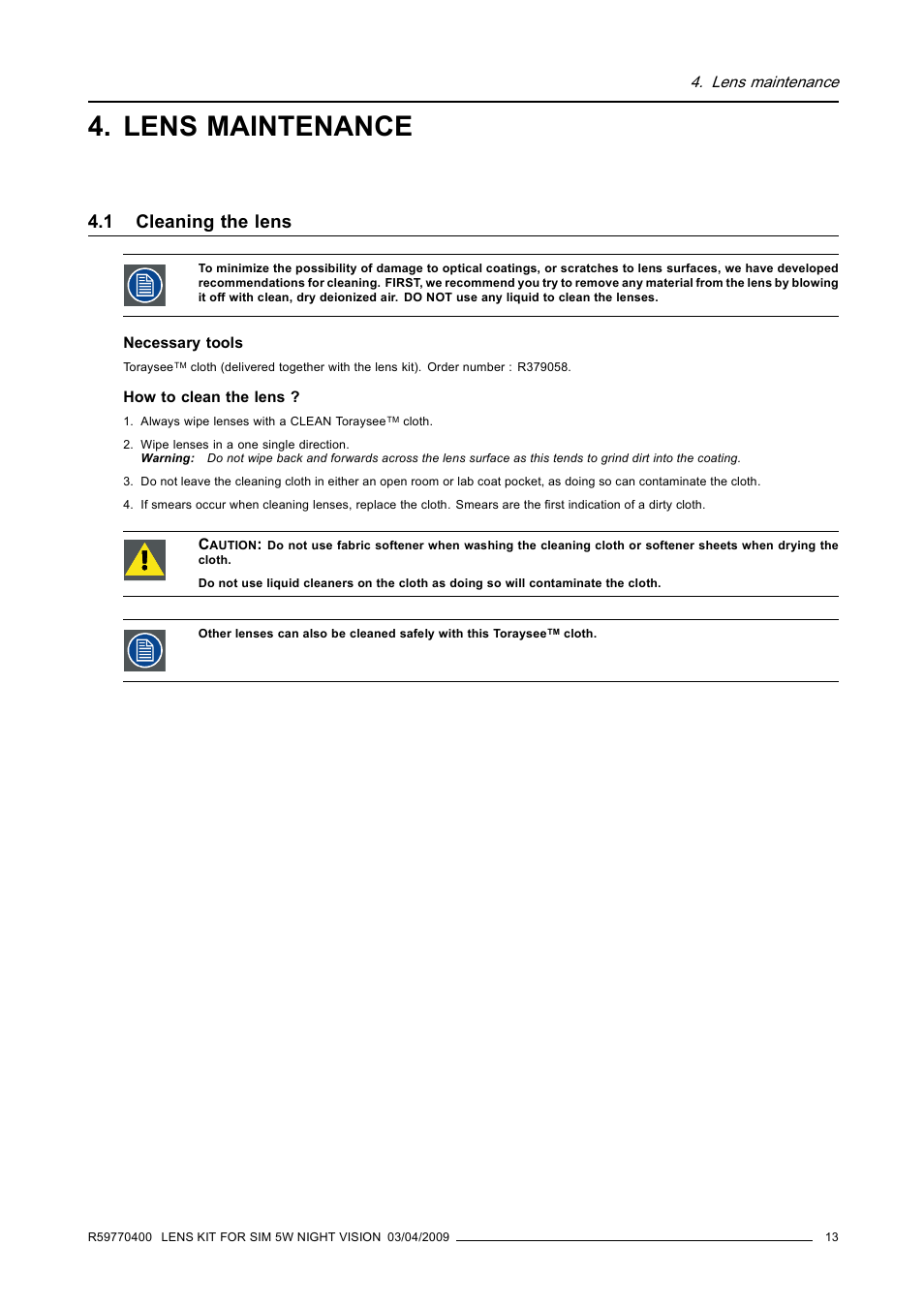 Lens maintenance, 1 cleaning the lens, Cleaning the lens | Barco R9849853 User Manual | Page 17 / 23