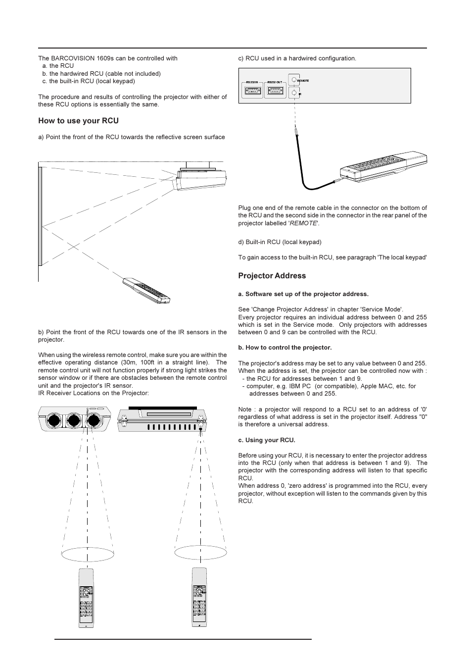 Controlling, How to use your rcu, Projector address | Barco R9002240 User Manual | Page 18 / 59