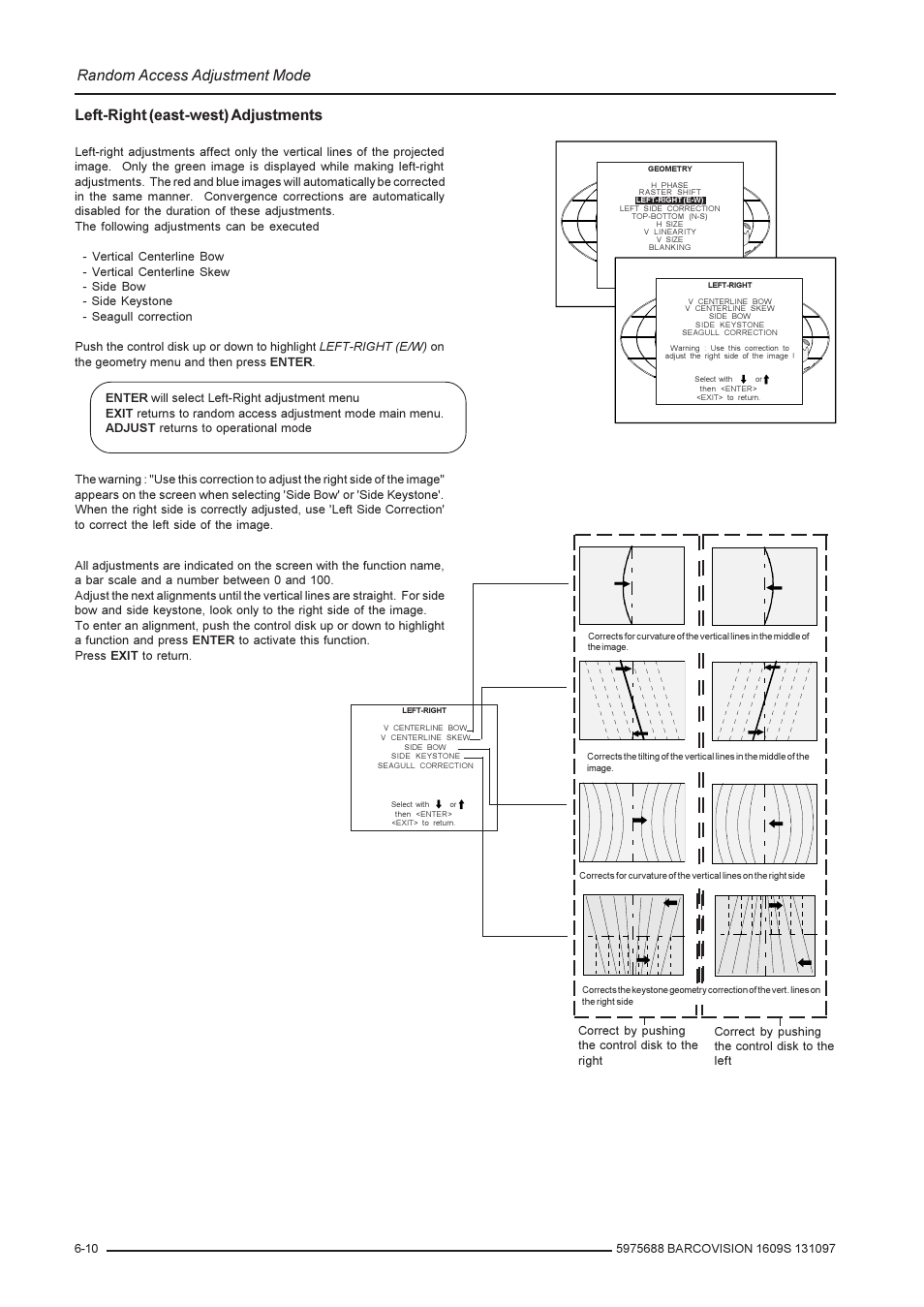 Random access adjustment mode, Left-right (east-west) adjustments | Barco R9002240 User Manual | Page 32 / 59