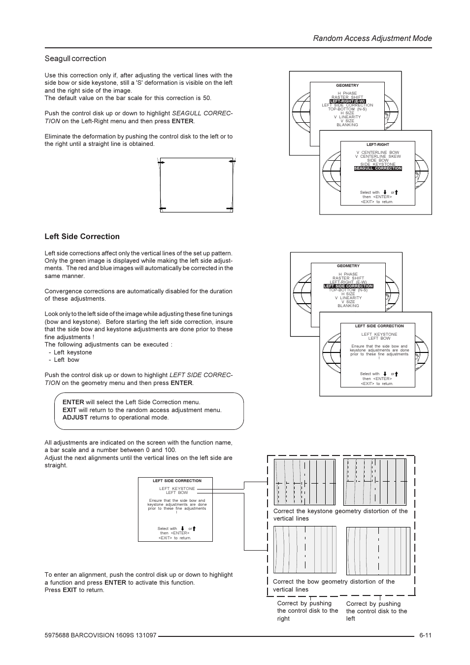 Random access adjustment mode, Seagull correction, Left side correction | Barco R9002240 User Manual | Page 33 / 59