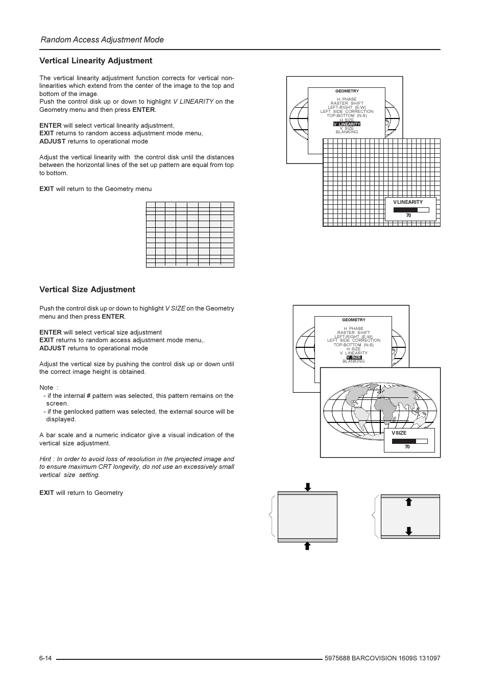 Random access adjustment mode, Vertical linearity adjustment, Vertical size adjustment | Barco R9002240 User Manual | Page 36 / 59