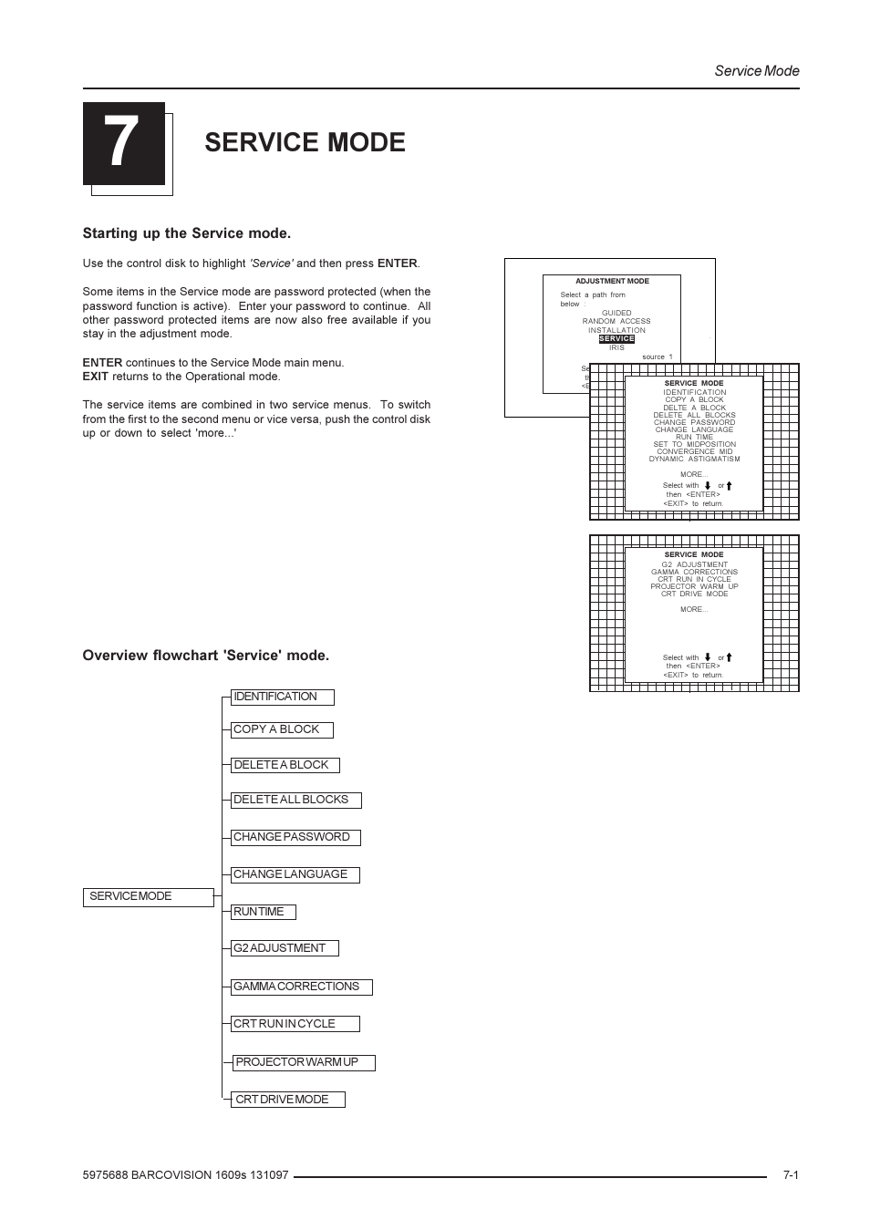 Service mode, Starting up the service mode, Overview flowchart 'service' mode | Barco R9002240 User Manual | Page 41 / 59