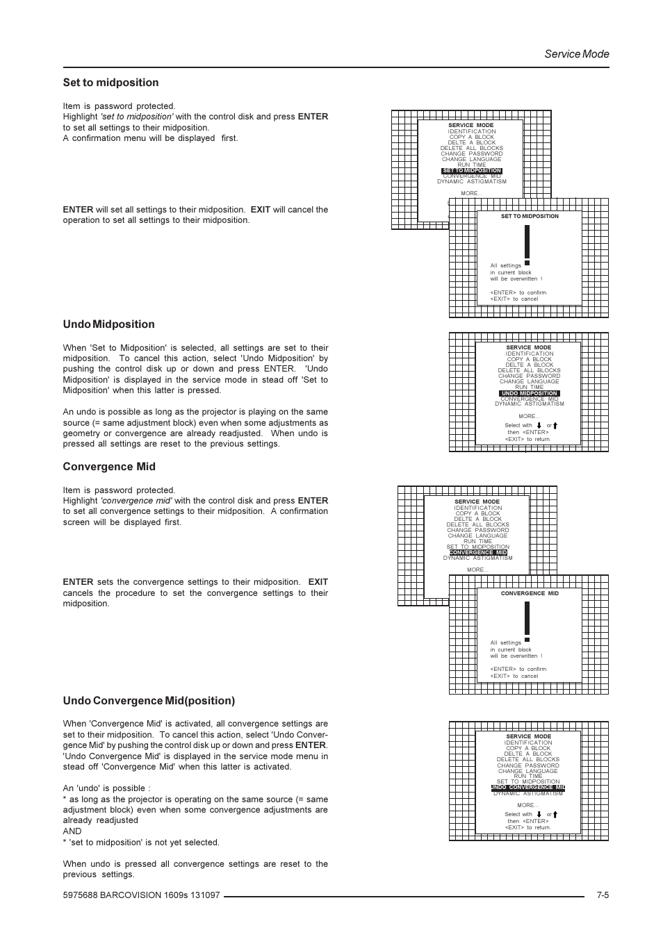 Service mode, Set to midposition, Undo midposition | Convergence mid, Undo convergence mid(position) | Barco R9002240 User Manual | Page 45 / 59