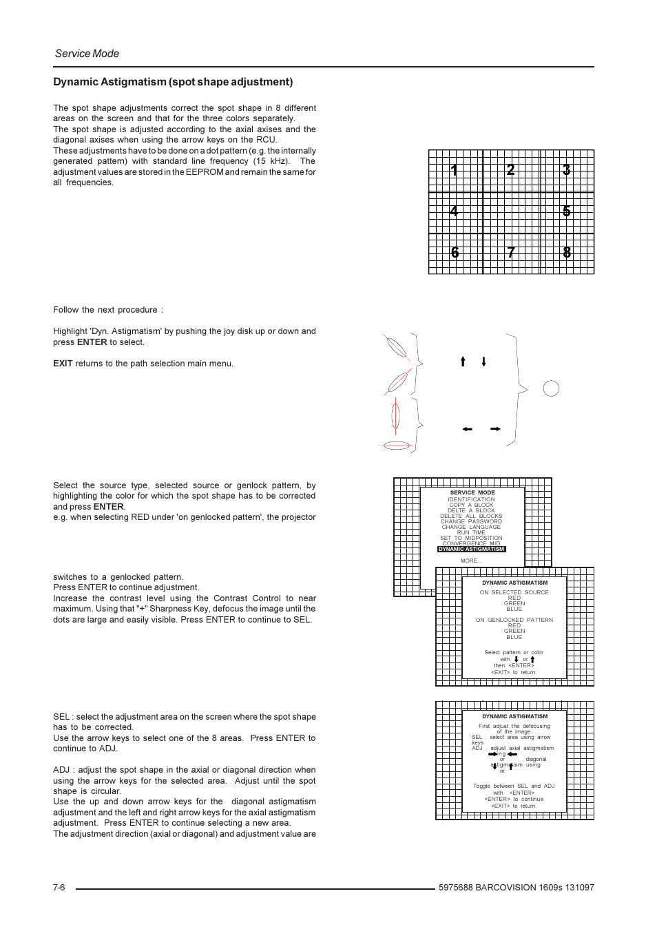 Service mode, Dynamic astigmatism (spot shape adjustment) | Barco R9002240 User Manual | Page 46 / 59