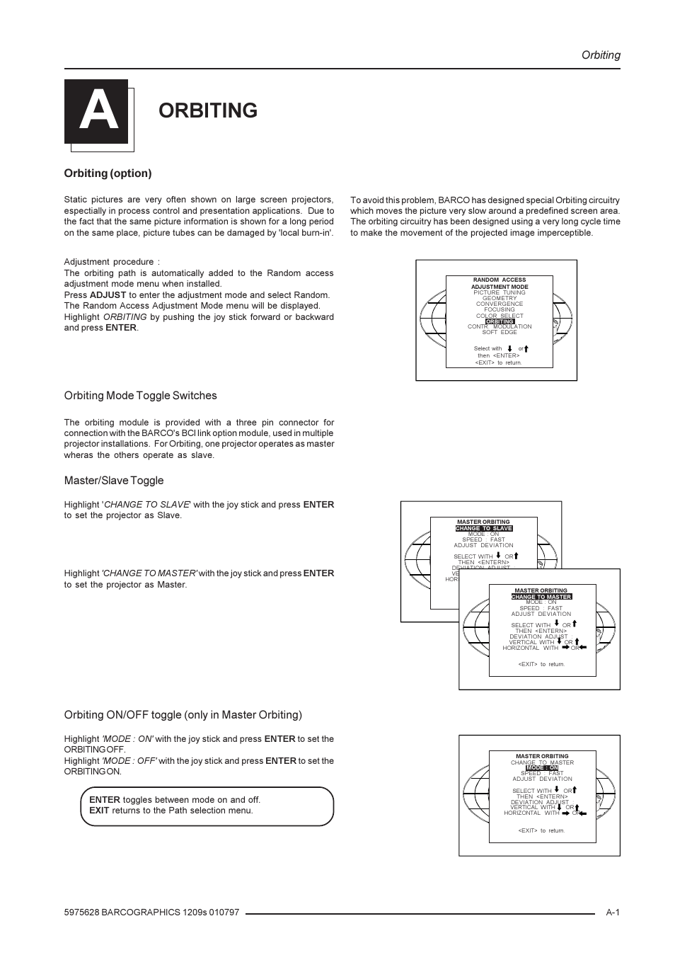 Orbiting, Orbiting (option), Orbiting mode toggle switches | Master/slave toggle, Orbiting on/off toggle (only in master orbiting) | Barco R9002240 User Manual | Page 53 / 59