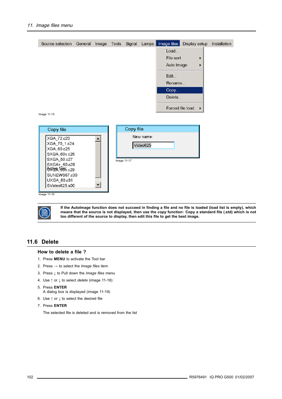 6 delete, Delete, Image files menu | Barco iQ Pro G500 User Manual | Page 108 / 195