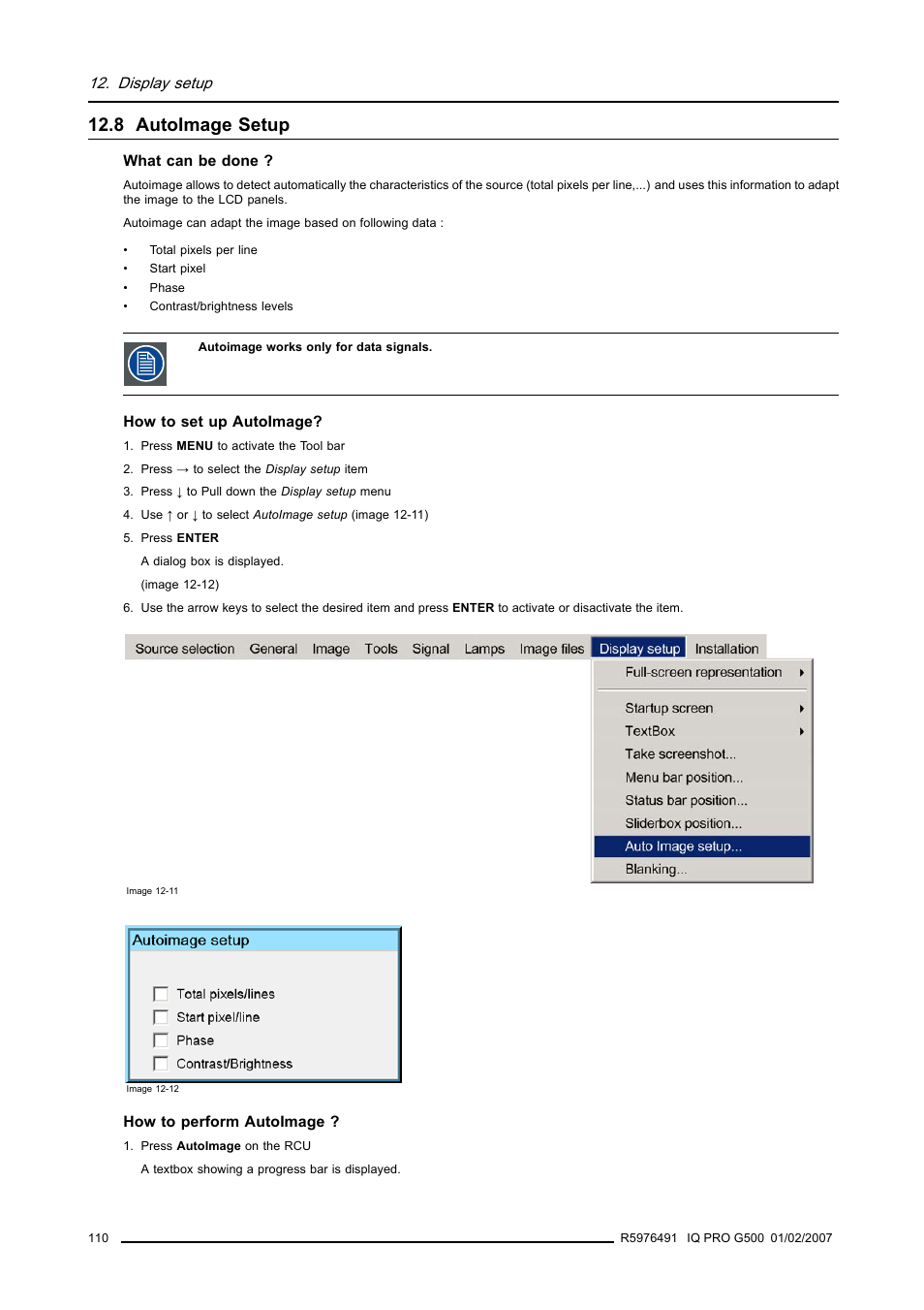 8 autoimage setup, Autoimage setup, Display setup | Barco iQ Pro G500 User Manual | Page 116 / 195