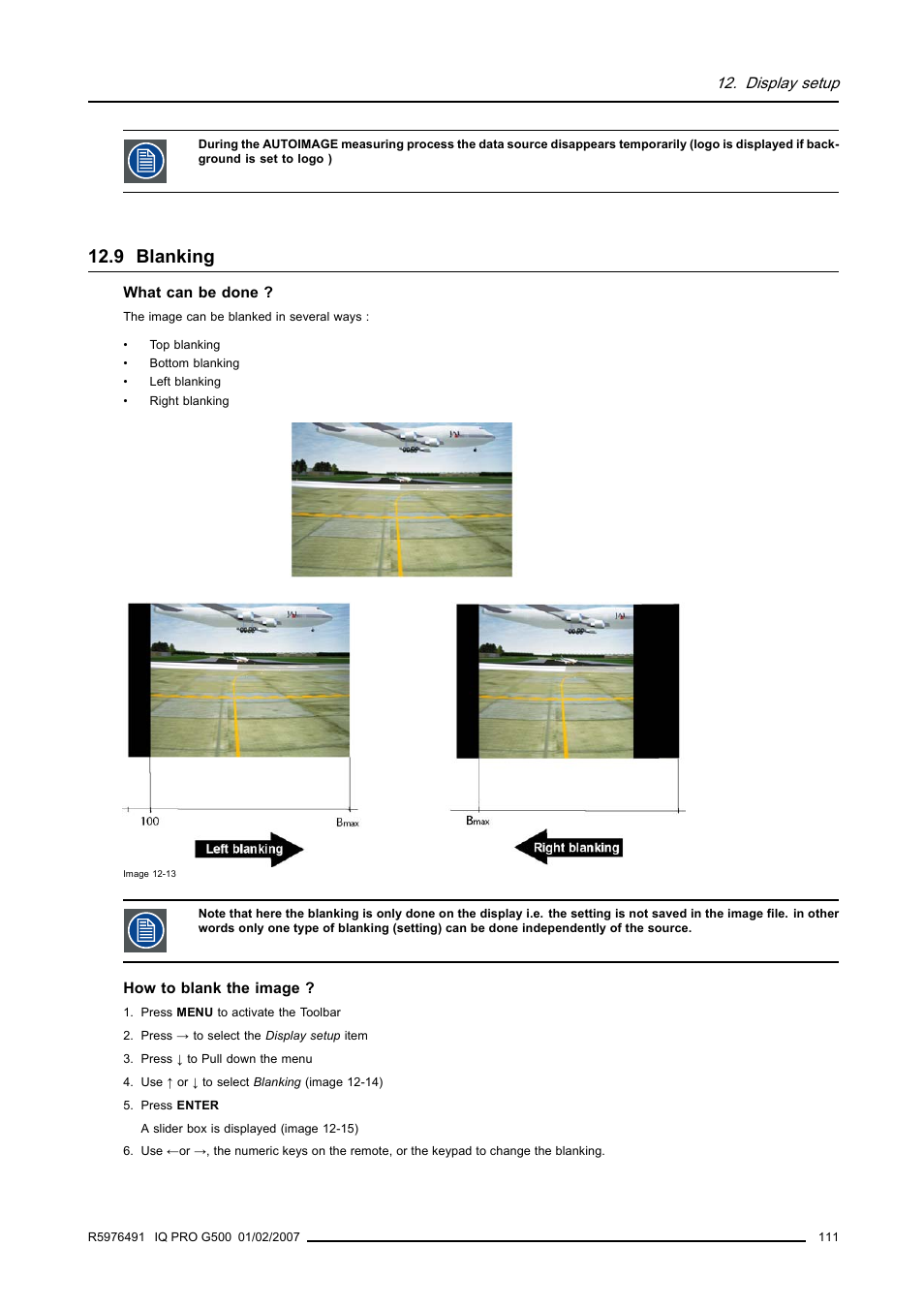 9 blanking, Blanking | Barco iQ Pro G500 User Manual | Page 117 / 195