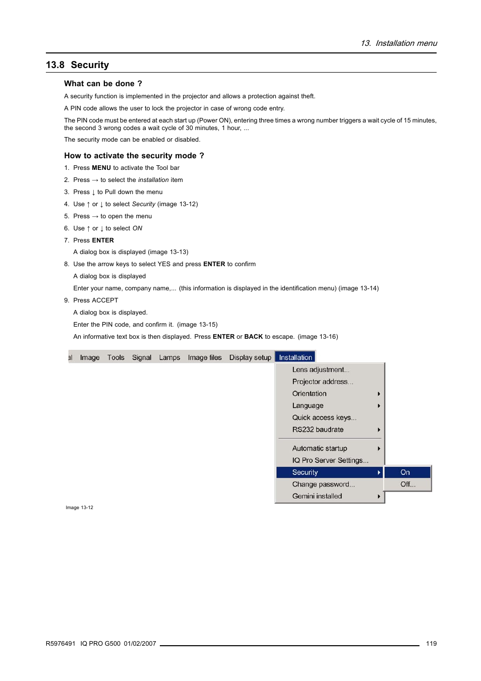 8 security, Security, Installation menu | Barco iQ Pro G500 User Manual | Page 125 / 195