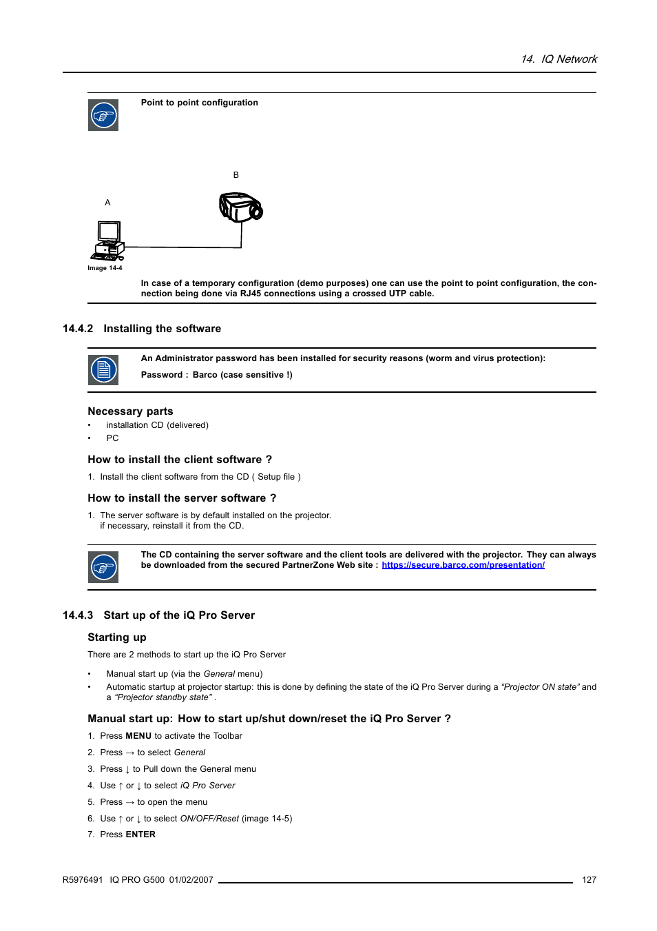 2 installing the software, 3 start up of the iq pro server, 127 14.4.3 start up of the iq pro server | Installing the software, Start up of the iq pro server | Barco iQ Pro G500 User Manual | Page 133 / 195