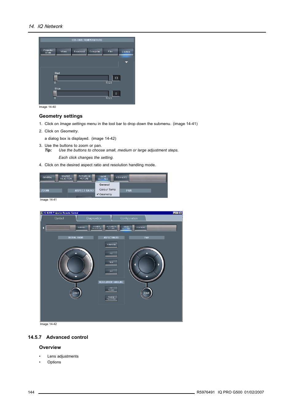 7 advanced control, Advanced control, Image 14-40) | Iq network | Barco iQ Pro G500 User Manual | Page 150 / 195