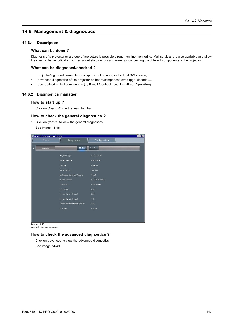 6 management & diagnostics, 1 description, 2 diagnostics manager | 147 14.6.2 diagnostics manager, Management & diagnostics | Barco iQ Pro G500 User Manual | Page 153 / 195